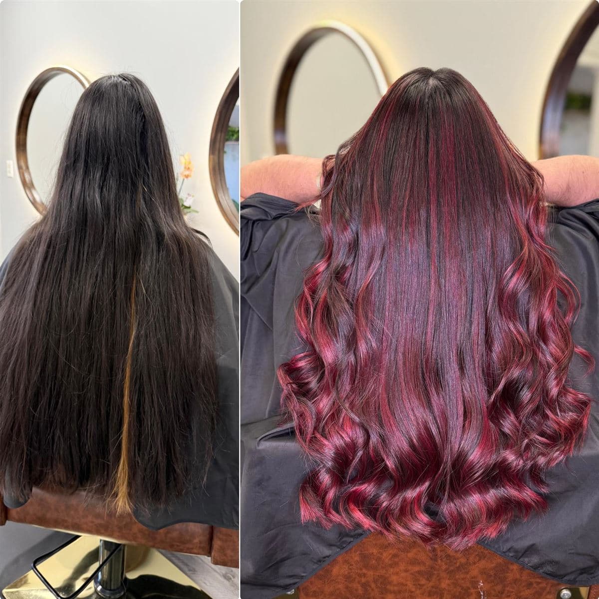 Comparación antes y después: de castaño apagado a rojo vibrante con ondas