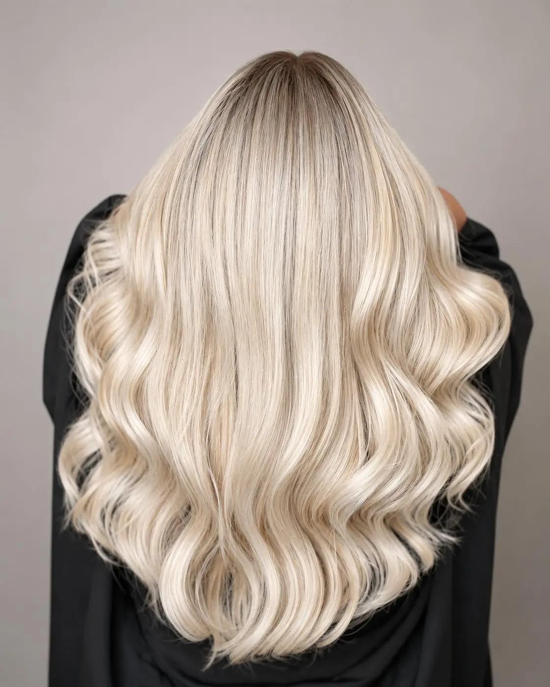 Melena rubio platino con ondas pulidas y raíz sombreada natural