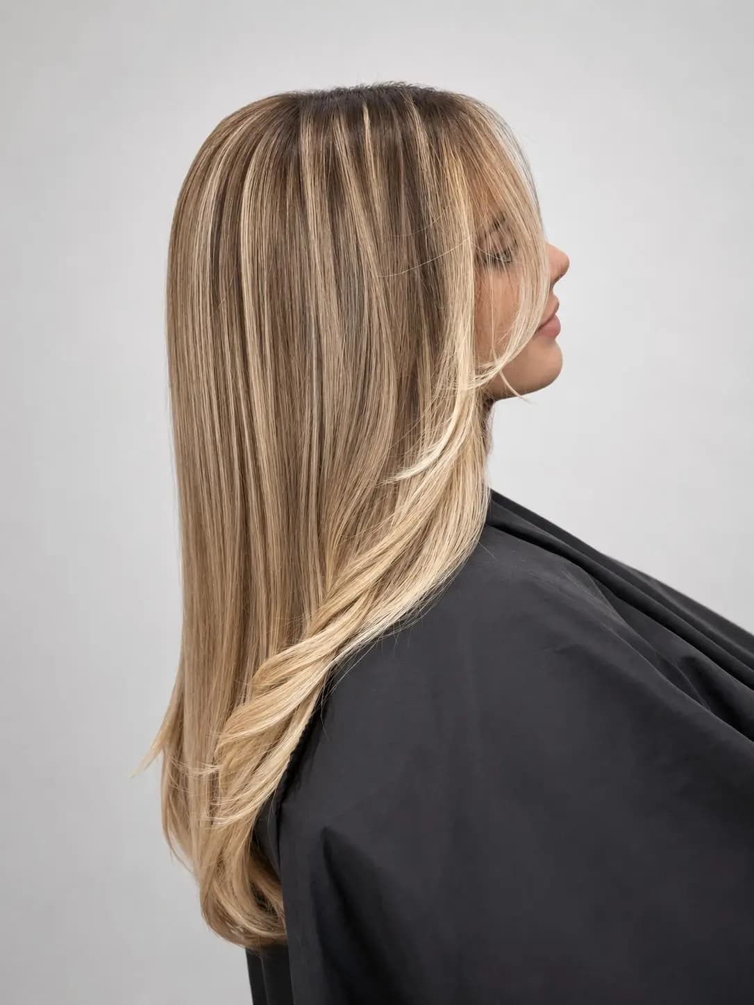 Balayage rubio con transición suave sobre base castaña, cabello liso