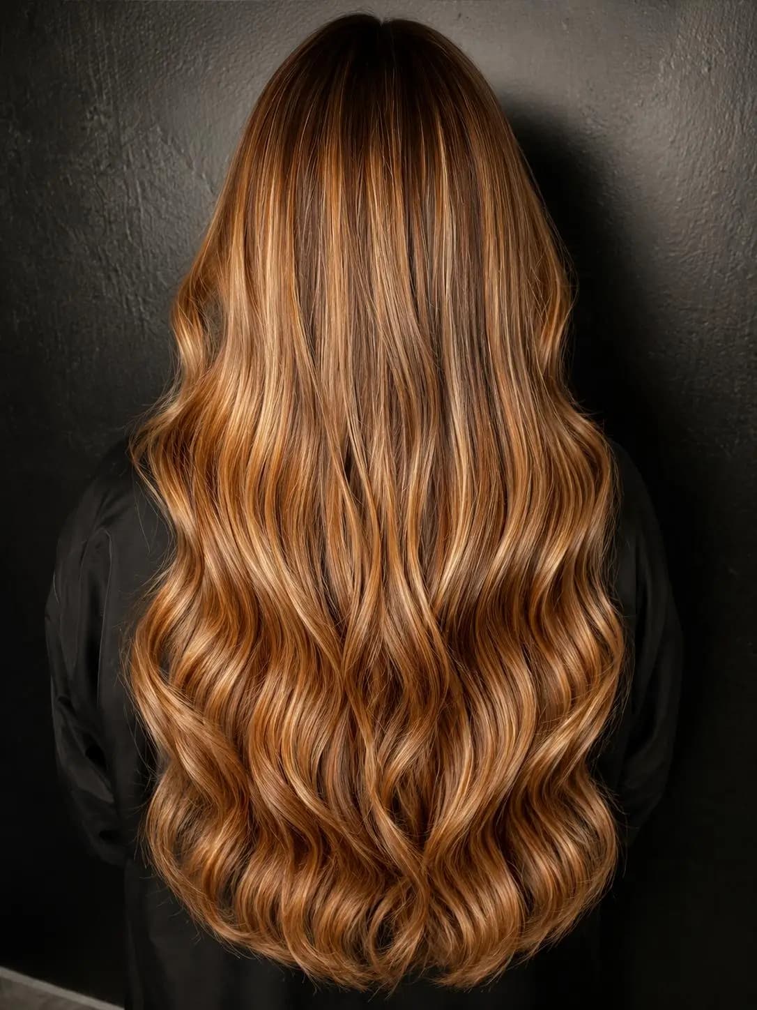 Balayage rubio cobre en melena extra larga, vista desde atrás en el salón