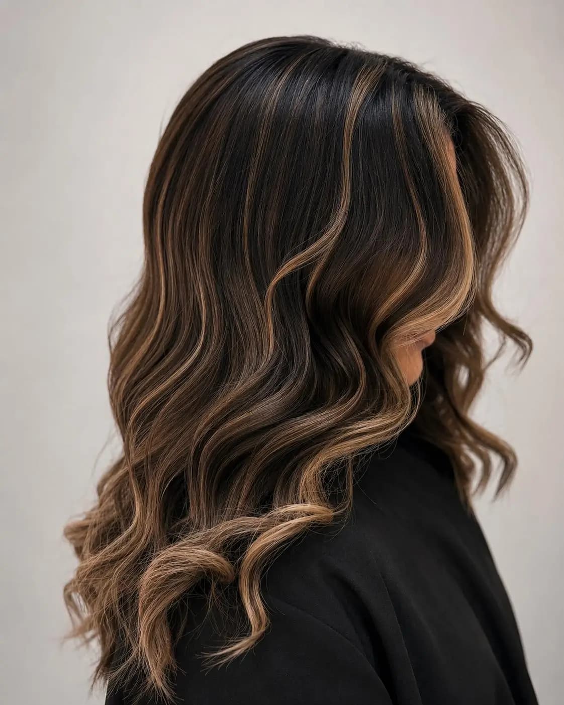 Balayage en tonos rubio miel con raíz difuminada y ondas al agua